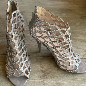 Nine West Taupe Cutout Rhinestone Heeled Sandals